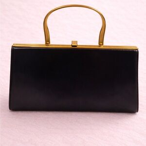 Vintage Bonwit Teller Black Leather Frame Evening Bag Gold Handle
